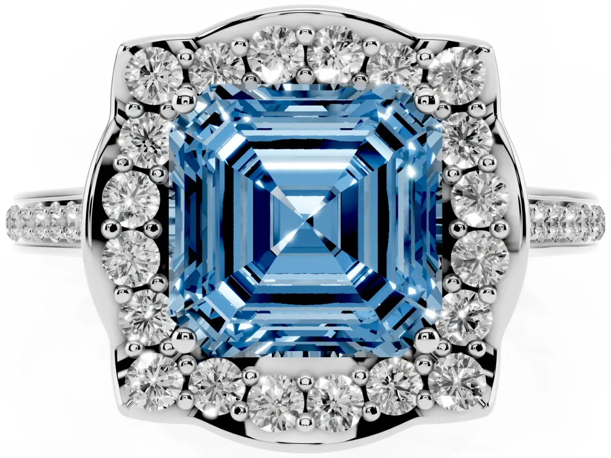 Fancy Blue Asscher Cut Halo Round Diamond Pave Band with Four-Prong Setting Silver