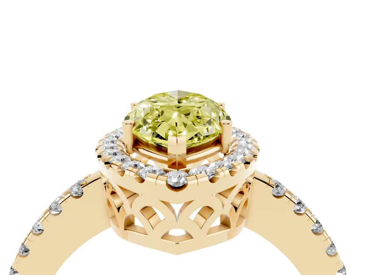 Fancy Yellow Marquise Cut Halo Diamond Engagement Ring with Pavé Band and Four-Prong Setting Yellow gold