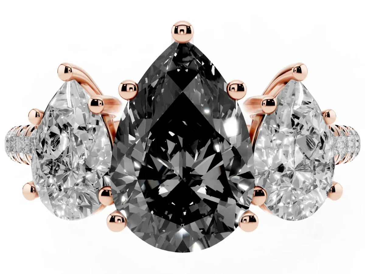 Fancy Black Three-Stone Pear Cut Diamond Ring with Round Pavé Band and Prong Setting Rose gold