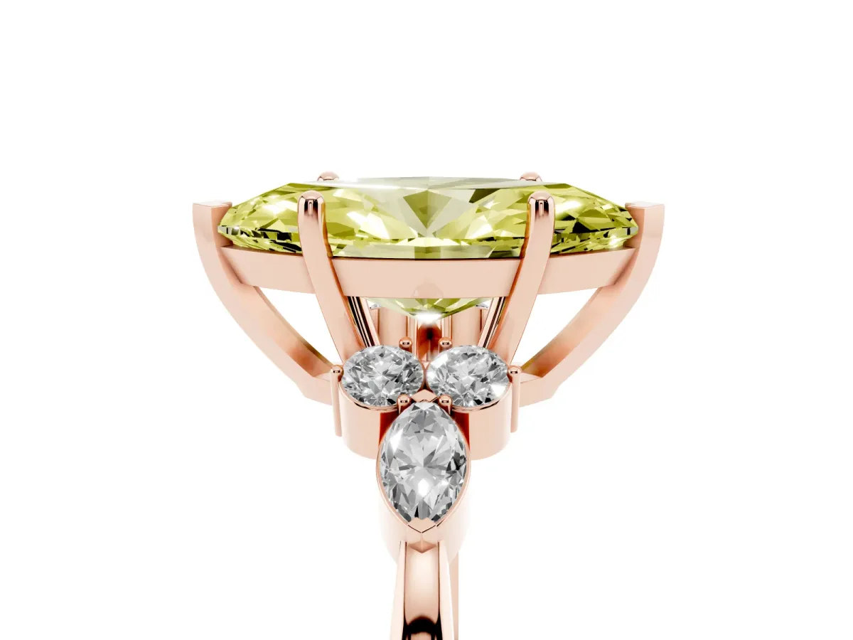 Fancy Yellow Marquise Cut Brilliant Diamond Solitaire Ring with Pear Side Stones and Four-Prong Setting Rose gold