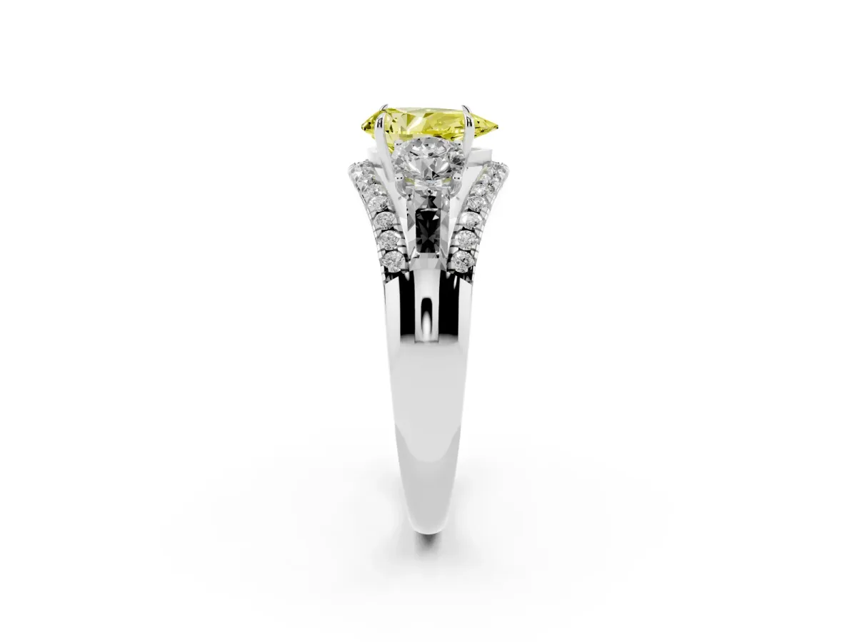 Fancy Yellow Three-Stone Pear Cut Diamond Engagement Ring with Pave Band and Prong Setting Silver