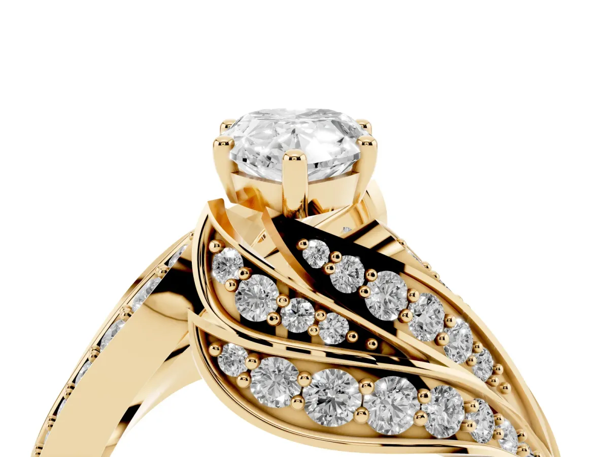 Pear Cut Diamond Solitaire Ring with Prong Setting and Twisted Pavé Band Yellow gold