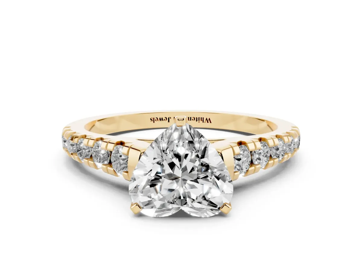 Heart Cut Diamond Cathedral Solitaire Ring with Round Pavé Band Yellow gold
