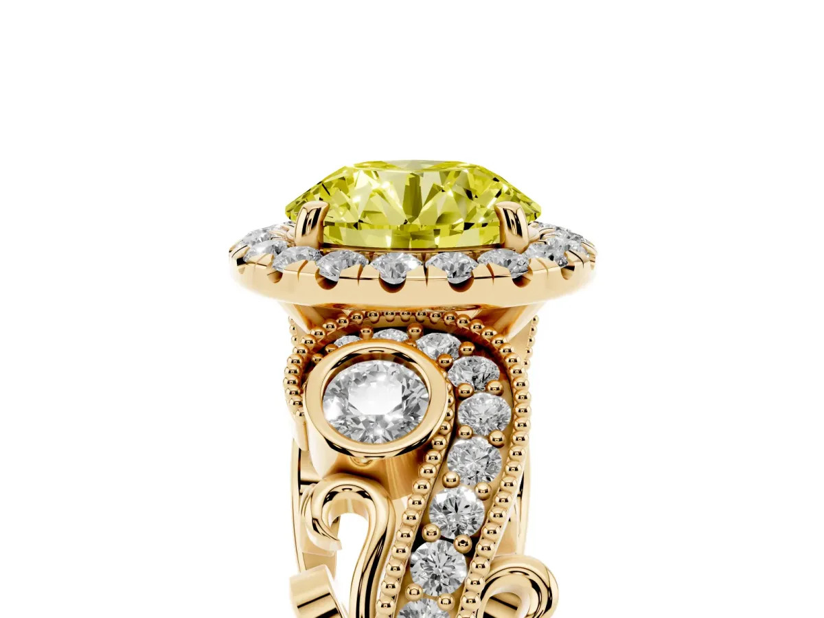 Fancy Yellow Round Cut Halo Diamond Ring with Milgrain and Bezel Accents on a Split Shank Band Yellow gold