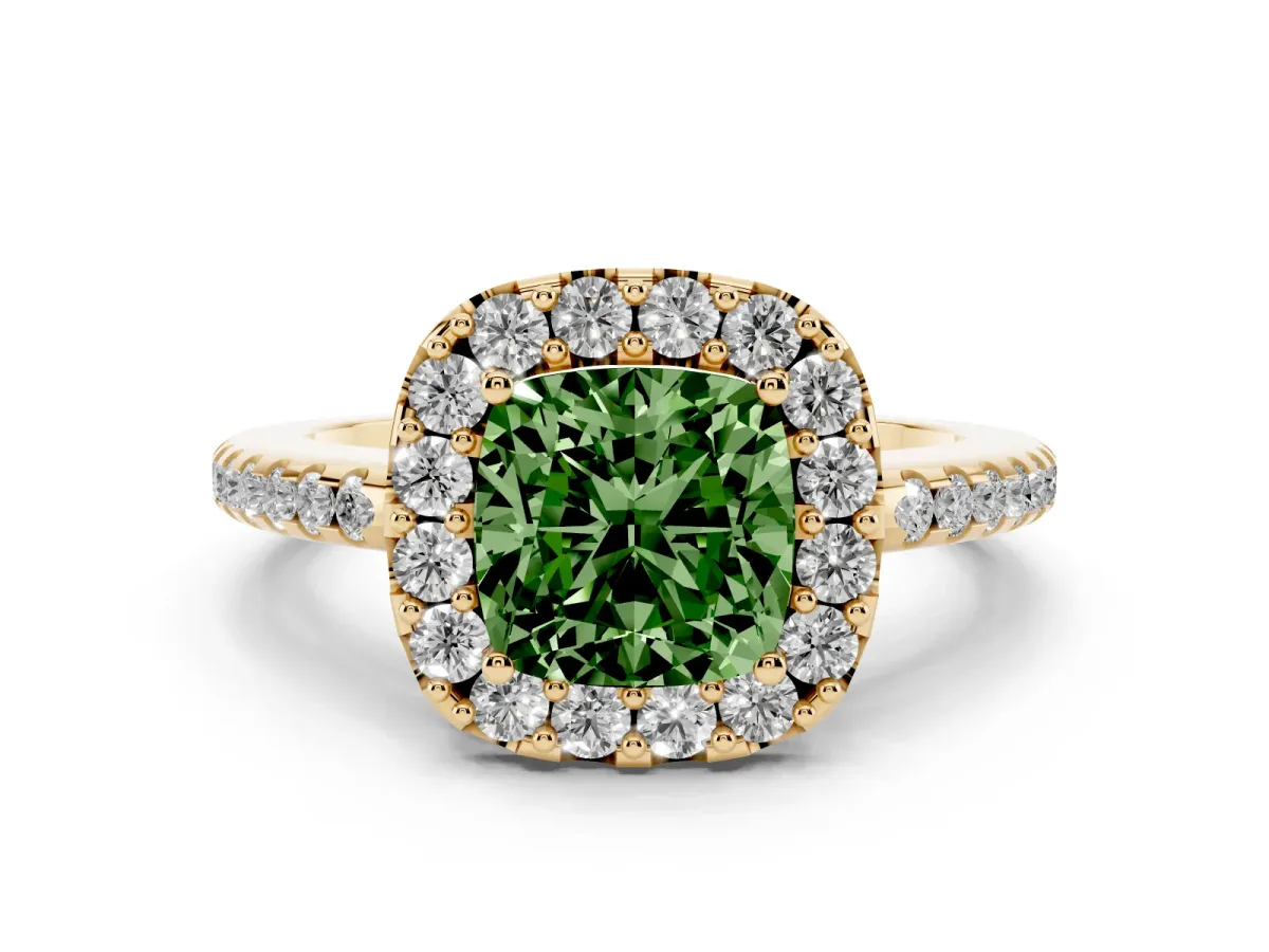 Fancy Green Cushion Cut Diamond Pavé Halo Ring with Four-Prong Setting Yellow gold