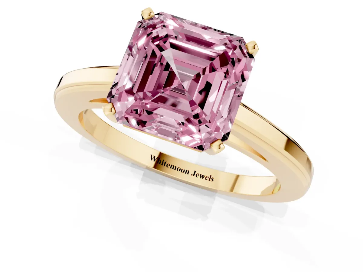 Fancy Pink Asscher Cut Solitaire Diamond Ring with Four-Prong Setting and Classic Band Yellow gold