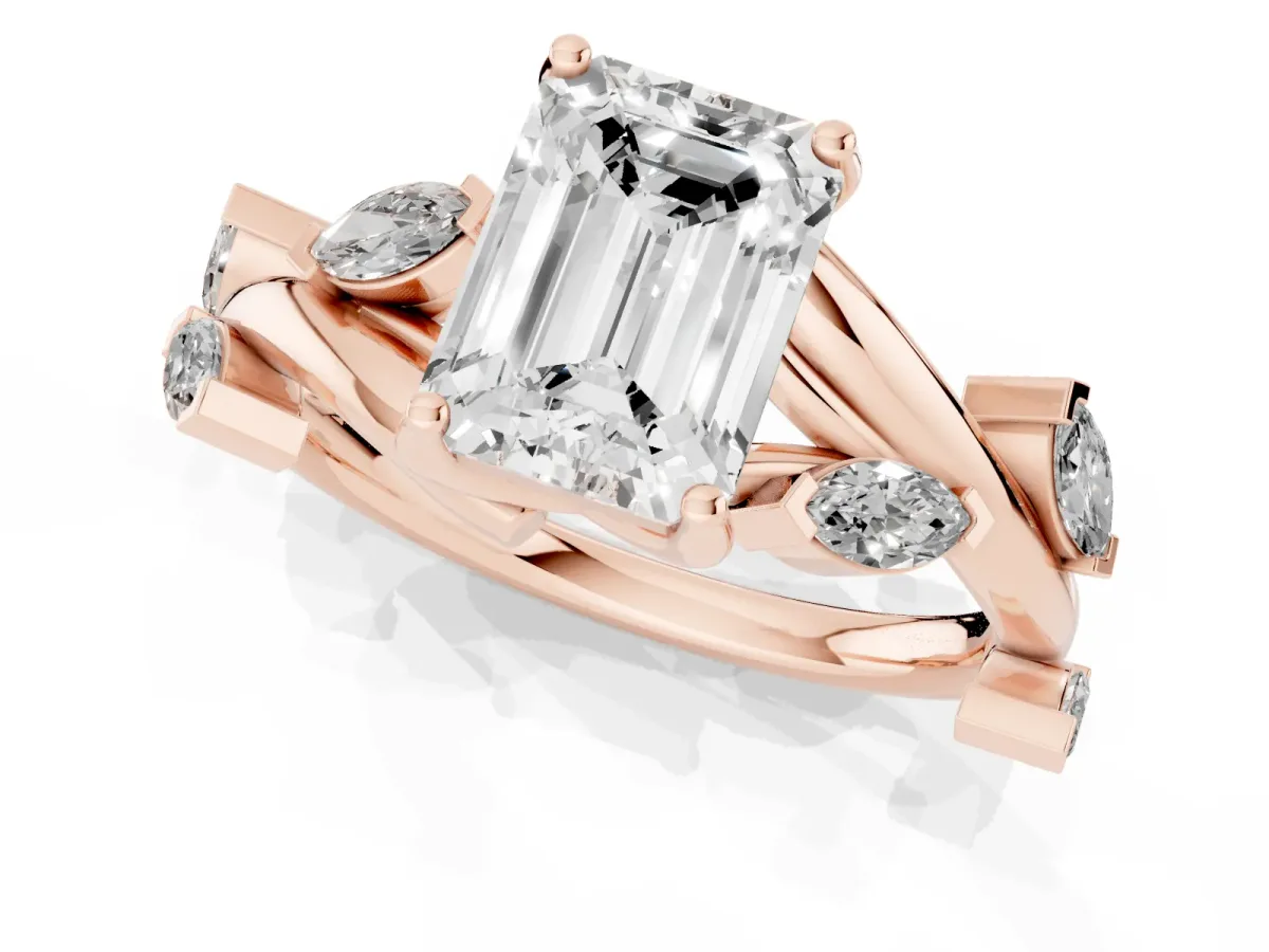 Emerald Cut Solitaire Twisted Band Marquise Accent Prong Setting Ring Rose gold