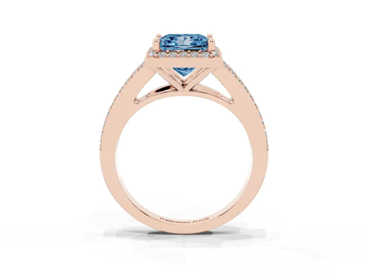 Fancy Blue Princess Cut Halo Split Shank Pave Diamond Ring with Four-Prong Setting Rose gold