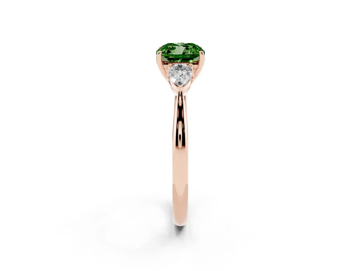 Fancy Green Three-Stone Cushion Cut Brilliant Diamond Solitaire Ring with Tapered Band and Four-Prong Setting Rose gold