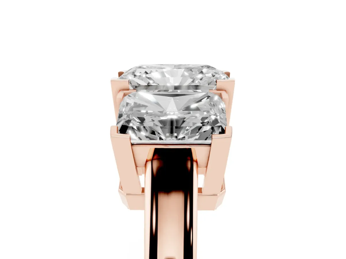 Three-Stone Radiant Cut Cut Diamond Ring with Channel Set Band and Four-Prong Setting Rose gold