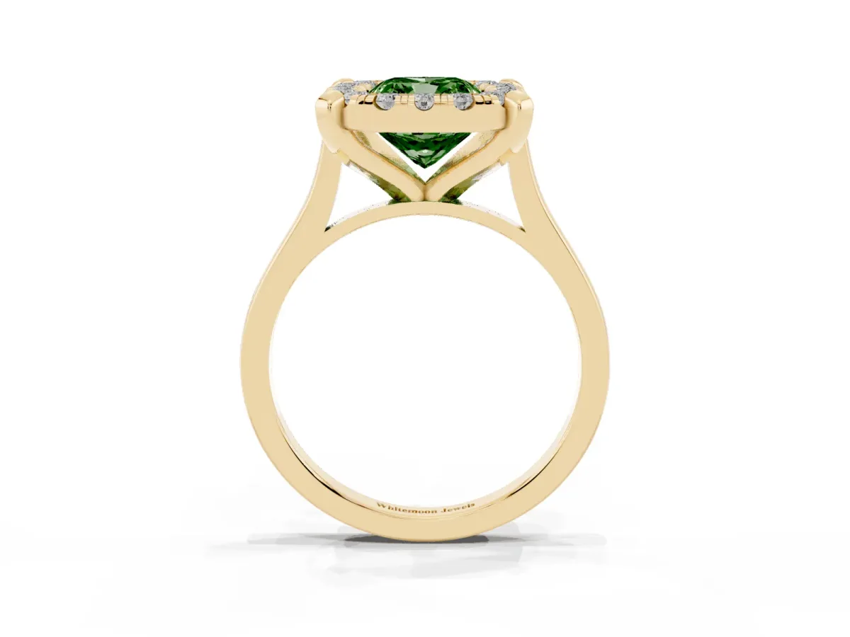 Fancy Green Cushion Cut Diamond Cluster Halo Solitaire with Four-Prong Setting Yellow gold