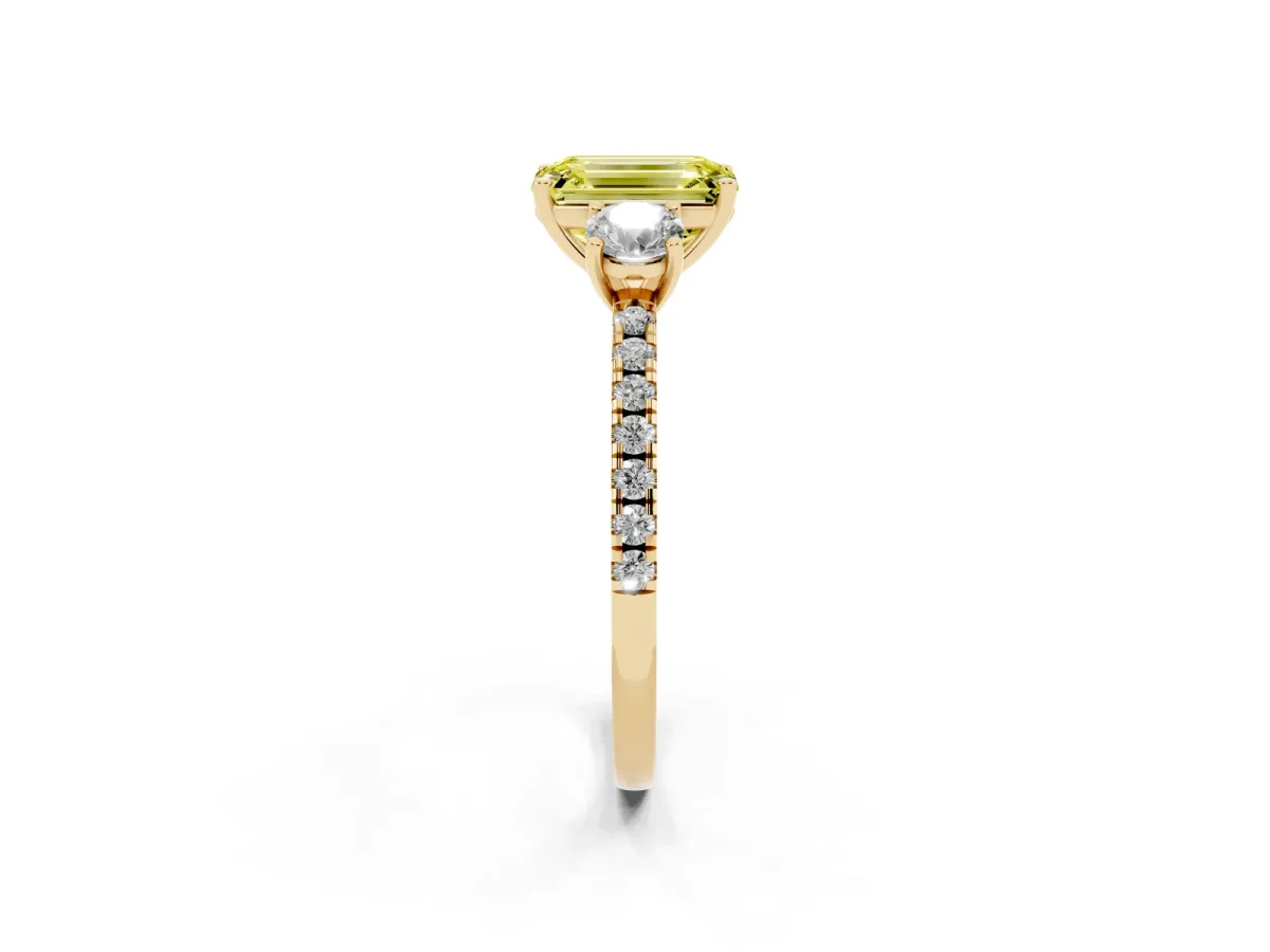 Fancy Yellow Three-Stone Emerald Cut Cut Diamond Pavé Band with Prong Setting Yellow gold