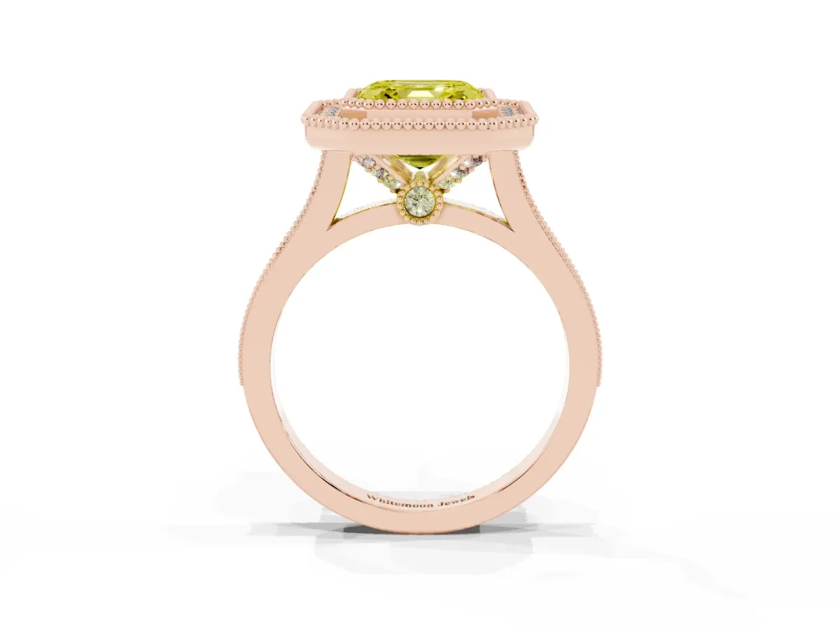 Fancy Yellow Asscher Cut Diamond Halo Ring with Milgrain Frame and Pavé Band Rose gold