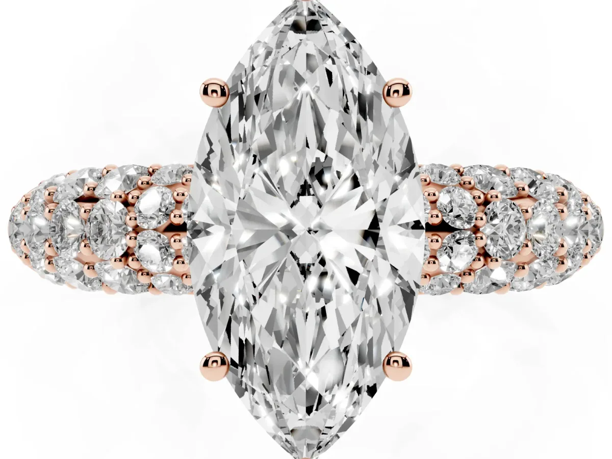 Marquise Cut Diamond Pavé Band Solitaire Ring with Four-Prong Setting Rose gold