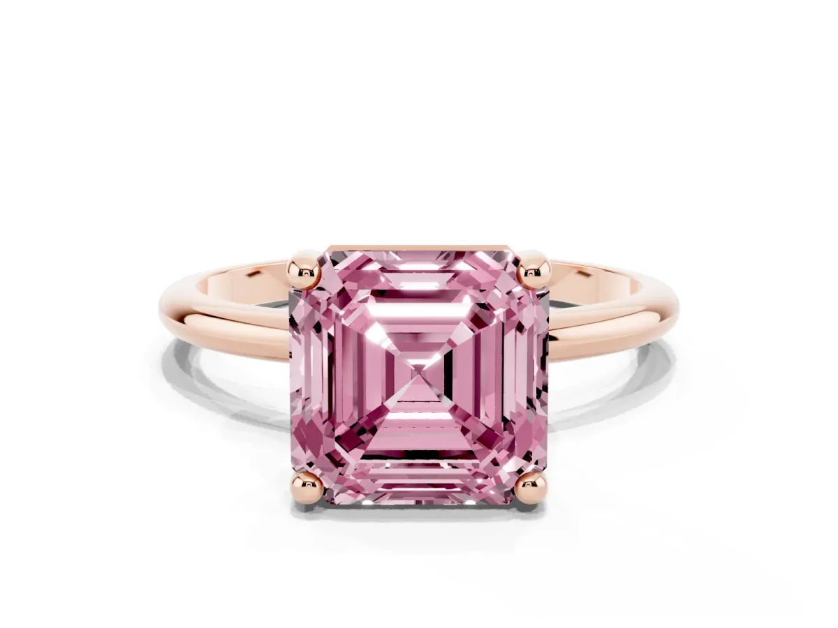 Fancy Pink Asscher Cut Solitaire Diamond Ring with 4-Prong Setting on a Classic Band Rose gold
