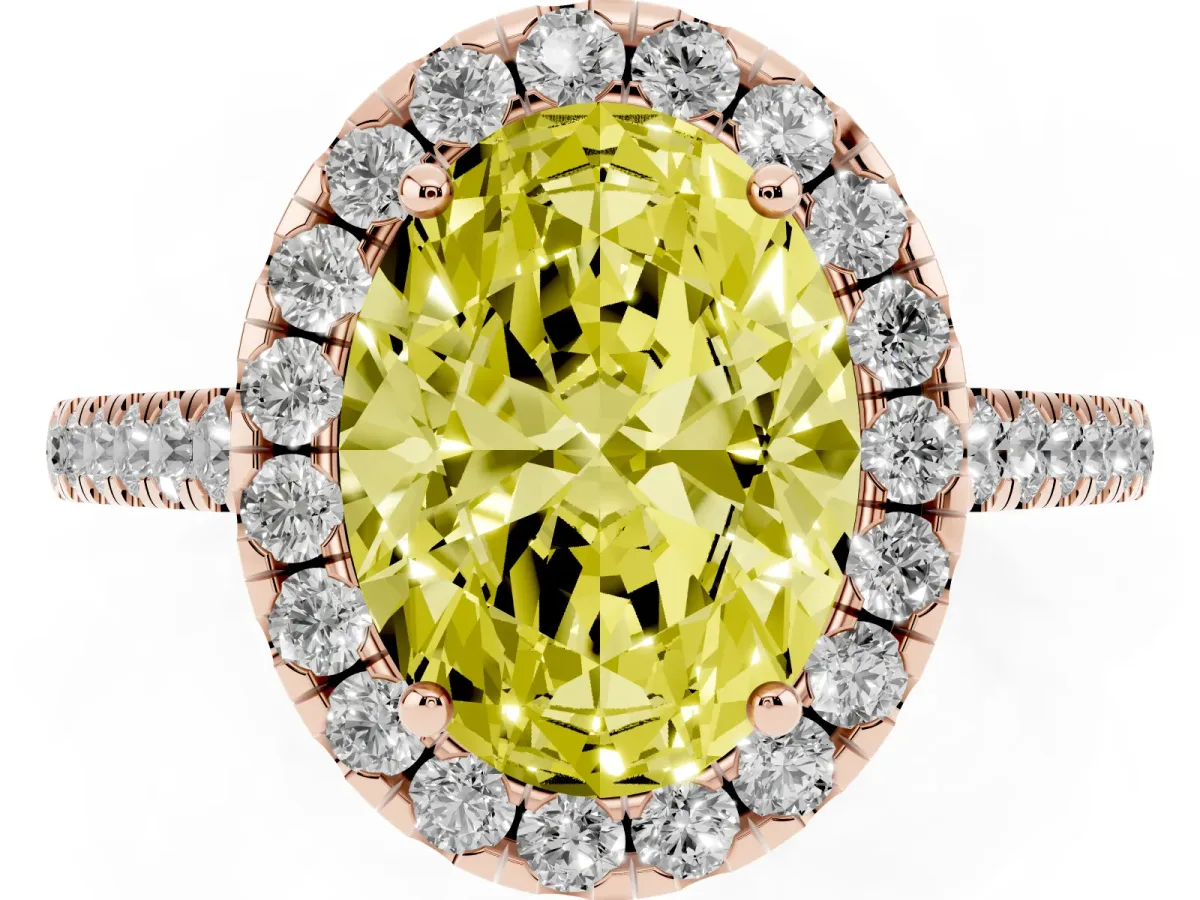 Fancy Yellow Oval Cut Halo Pave Diamond Engagement Ring with Four-Prong Setting Rose gold