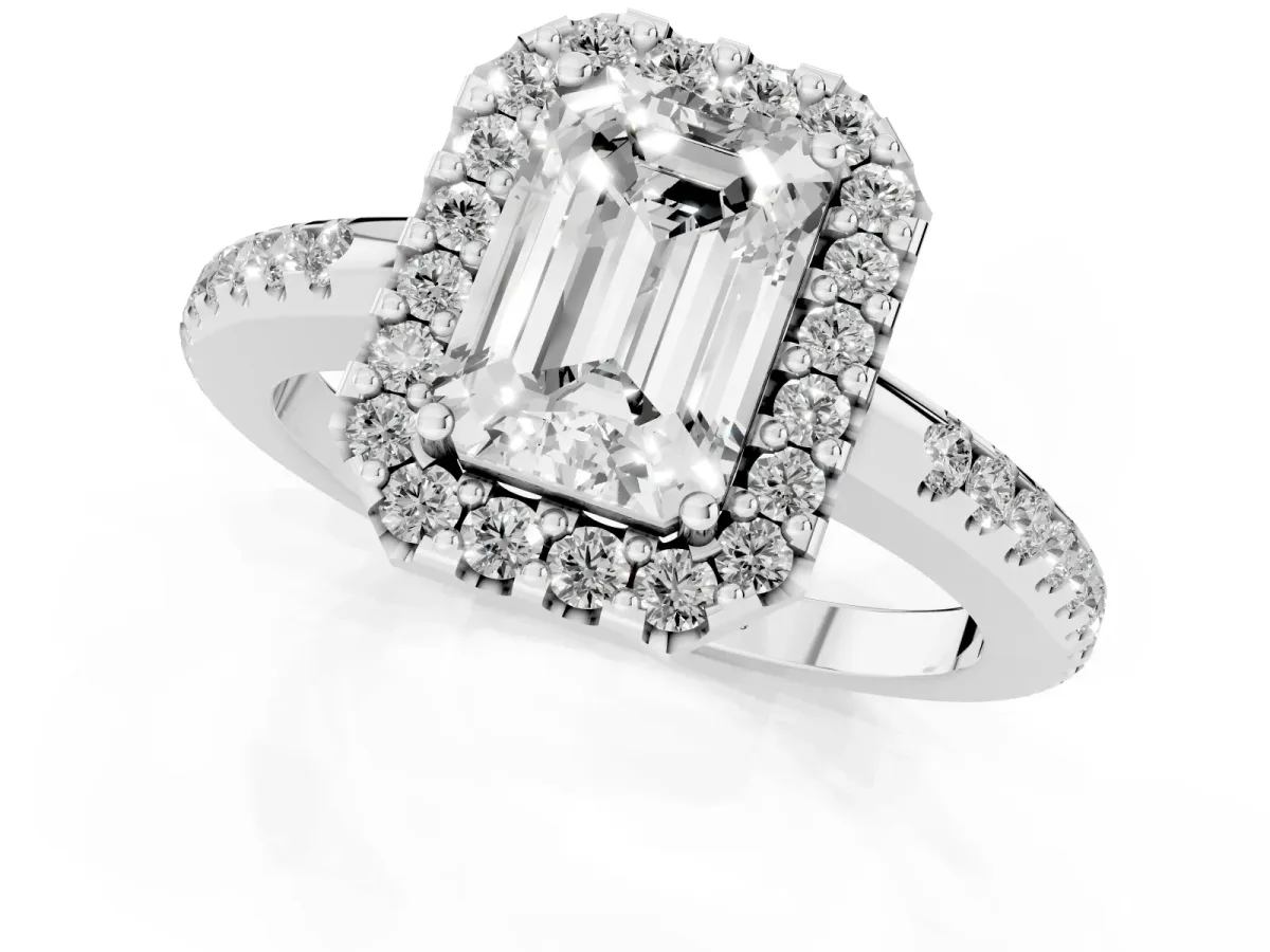 Emerald Cut Diamond Pavé Halo Ring with Four-Prong Setting Silver