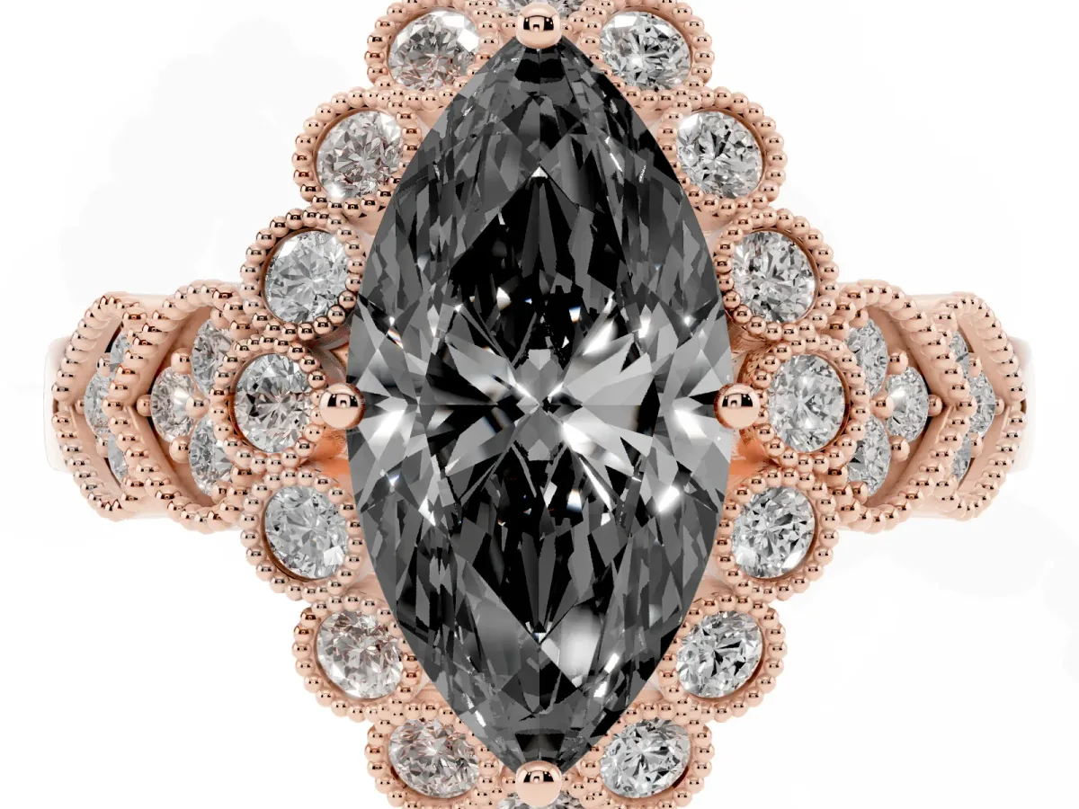 Fancy Black Marquise Cut Brilliant Milgrain Pave Heart Band Solitaire Ring Rose gold