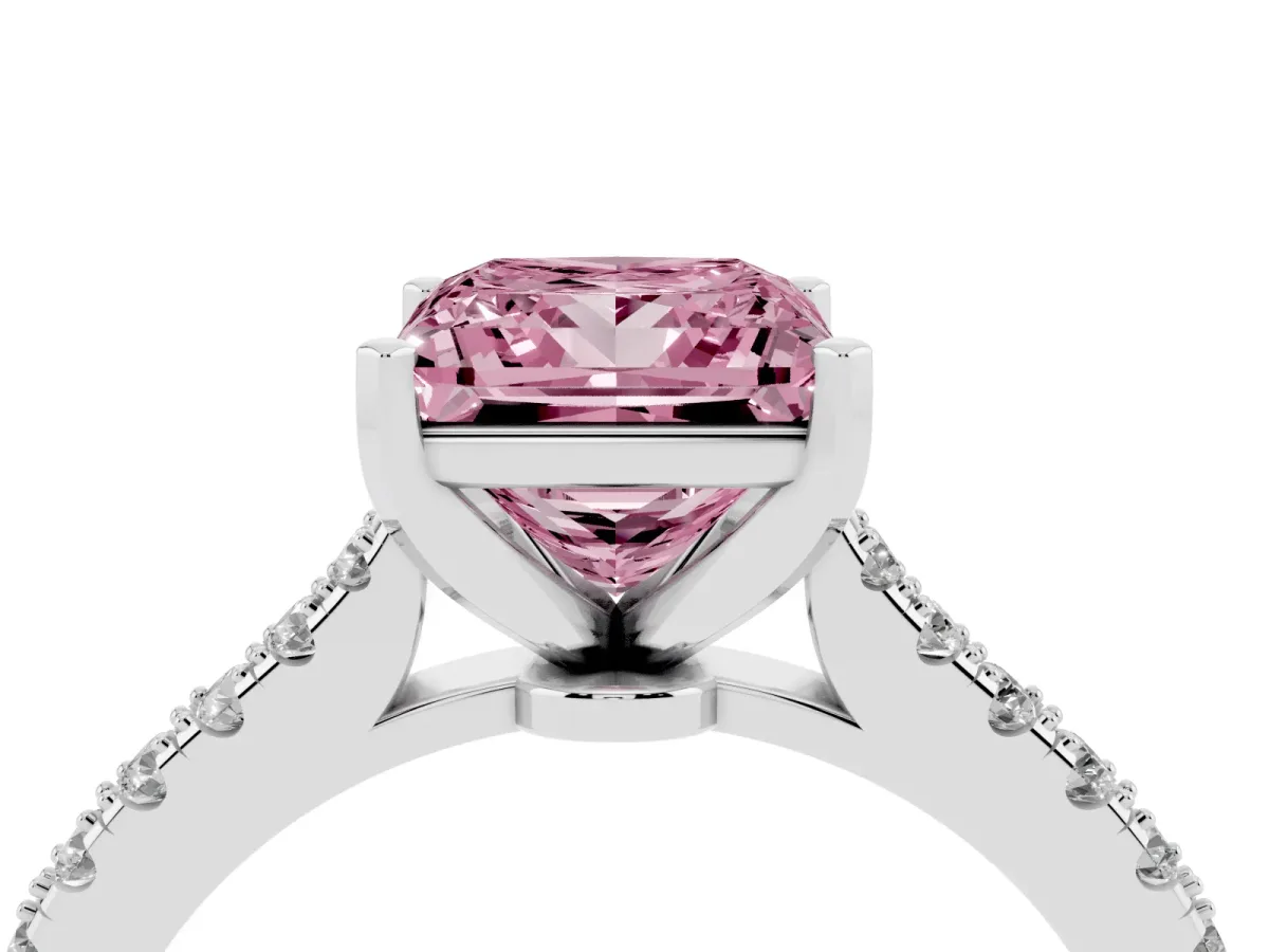 Fancy Pink Princess Cut Cut Solitaire Diamond Engagement Ring with Pave Band and Four-Prong Setting White gold