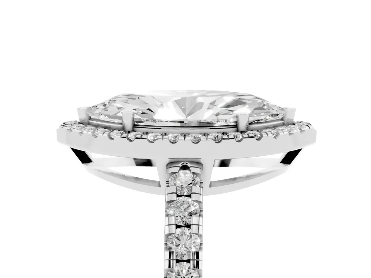 Marquise Cut Diamond Halo Ring with Pavé Band and Four-Prong Setting White gold