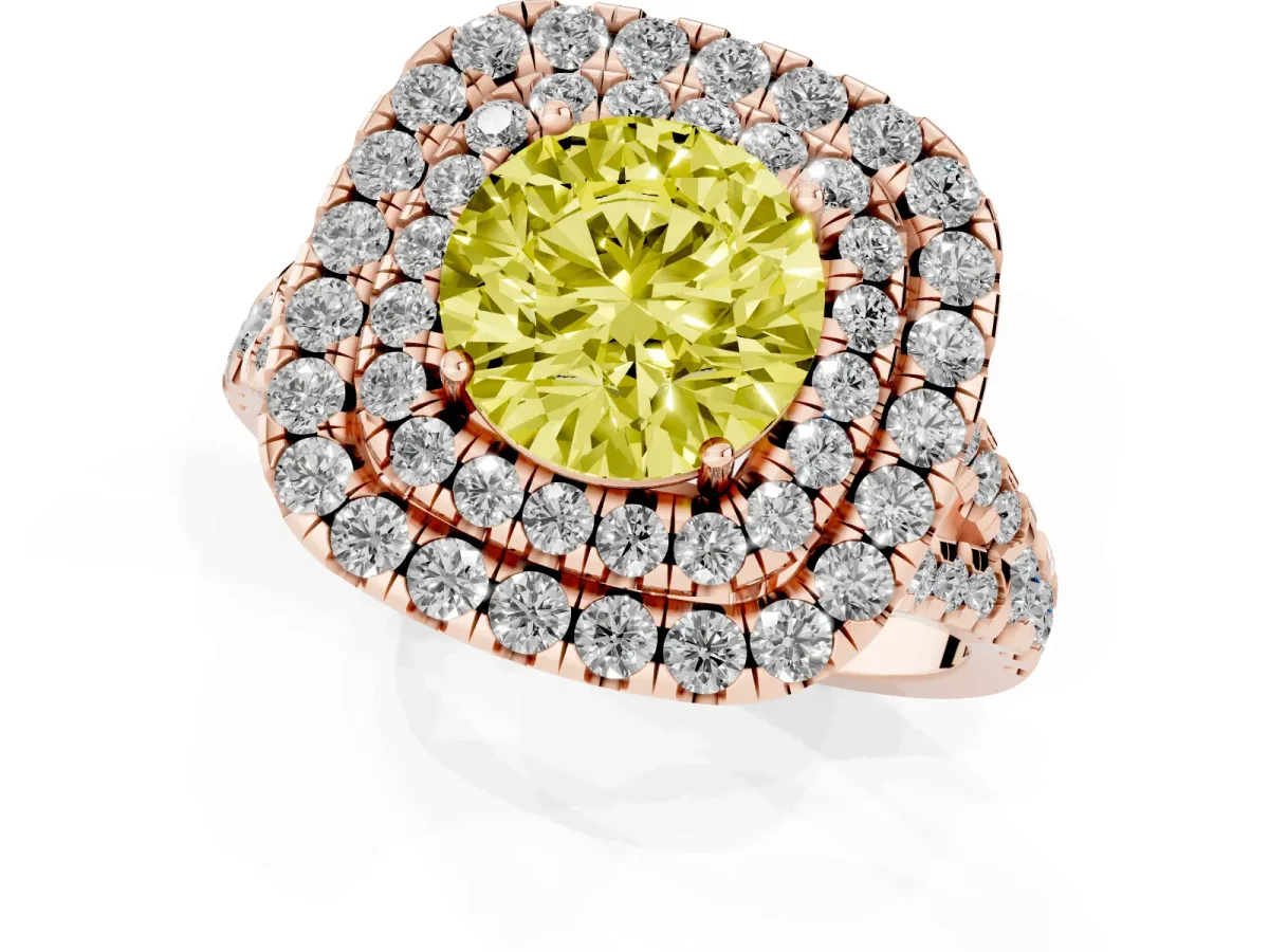 Fancy Yellow Double Halo Round Cut Diamond Pavé Split Shank Ring with Prong Setting Rose gold