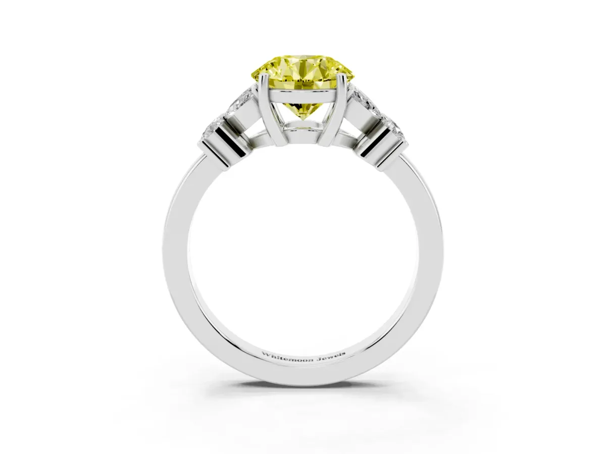 Fancy Yellow Round Cut Diamond Floral Cluster Ring with Solitaire Band and Prong Setting Platinum