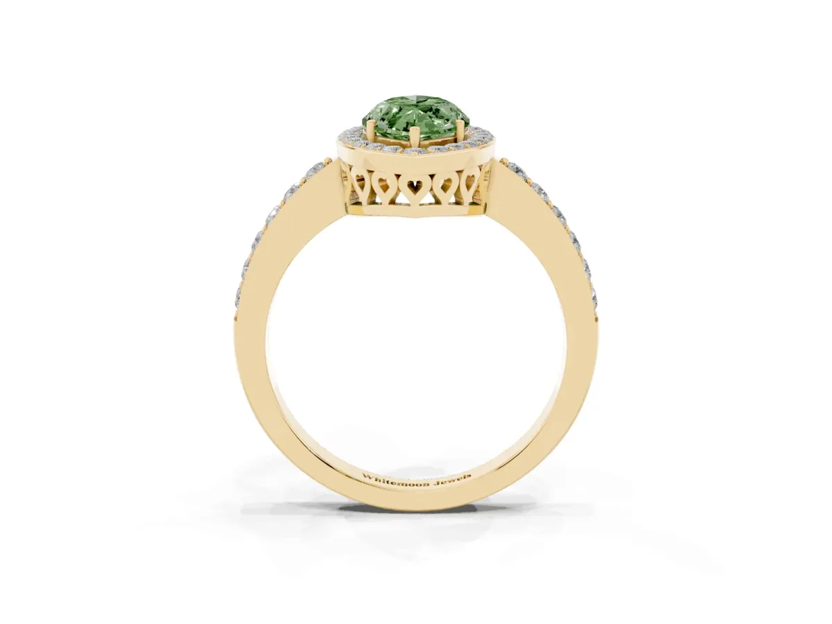 Fancy Green Marquise Cut Halo Diamond Pavé Band Ring with Prong Setting Yellow gold