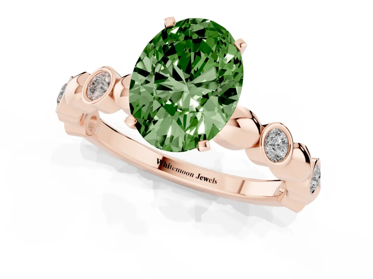 Fancy Green Oval Cut Solitaire Bezel-Set Diamond Ring with Beaded Band and Four-Prong Setting Rose gold