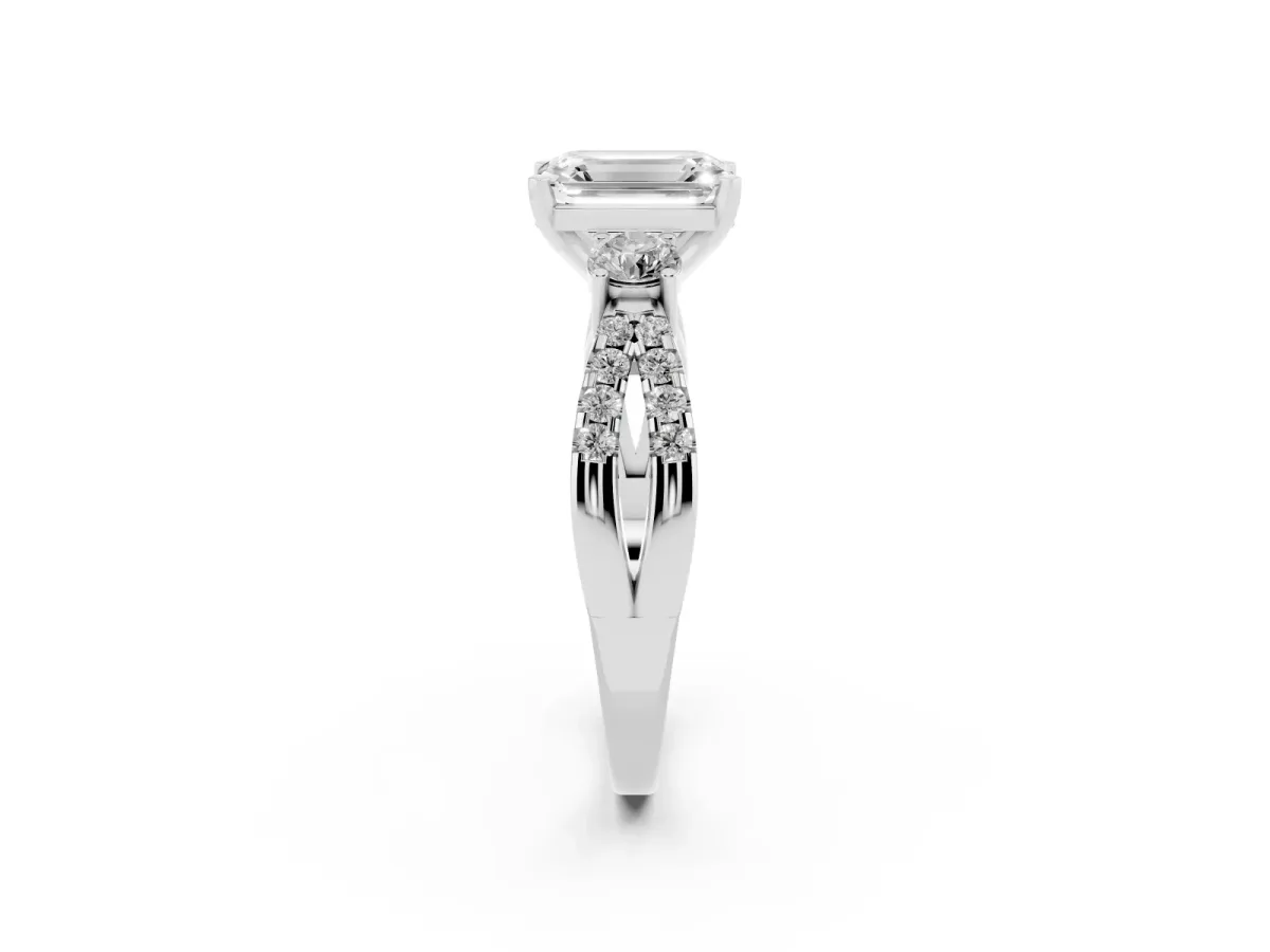 Emerald Cut Diamond Three-Stone Ring with Pavé Split Shank and Four-Prong Setting Silver