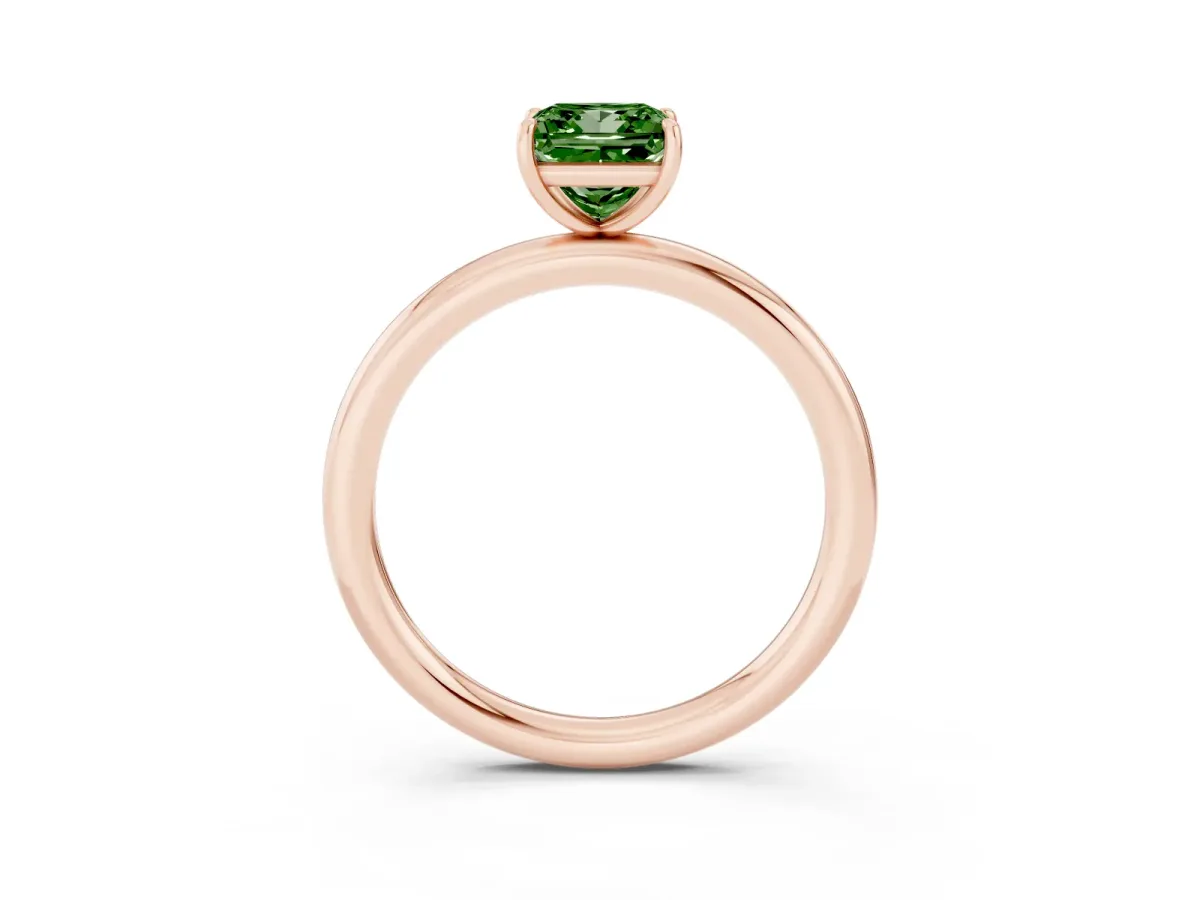 Fancy Green Princess Cut Solitaire Diamond Ring with Four-Prong Setting on a Plain Band Rose gold