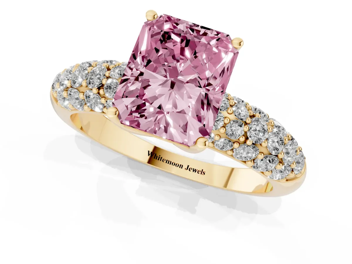 Fancy Pink Radiant Cut Diamond Pavé Band Solitaire Ring with Four-Prong Setting Yellow gold