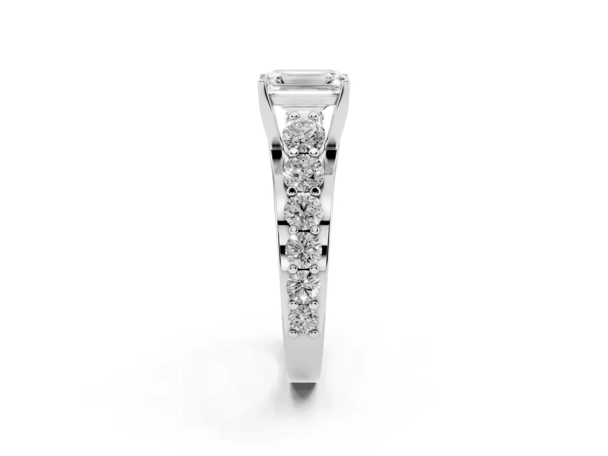 Emerald Cut Diamond Engagement Ring with Pavé Band and Four-Prong Setting Silver