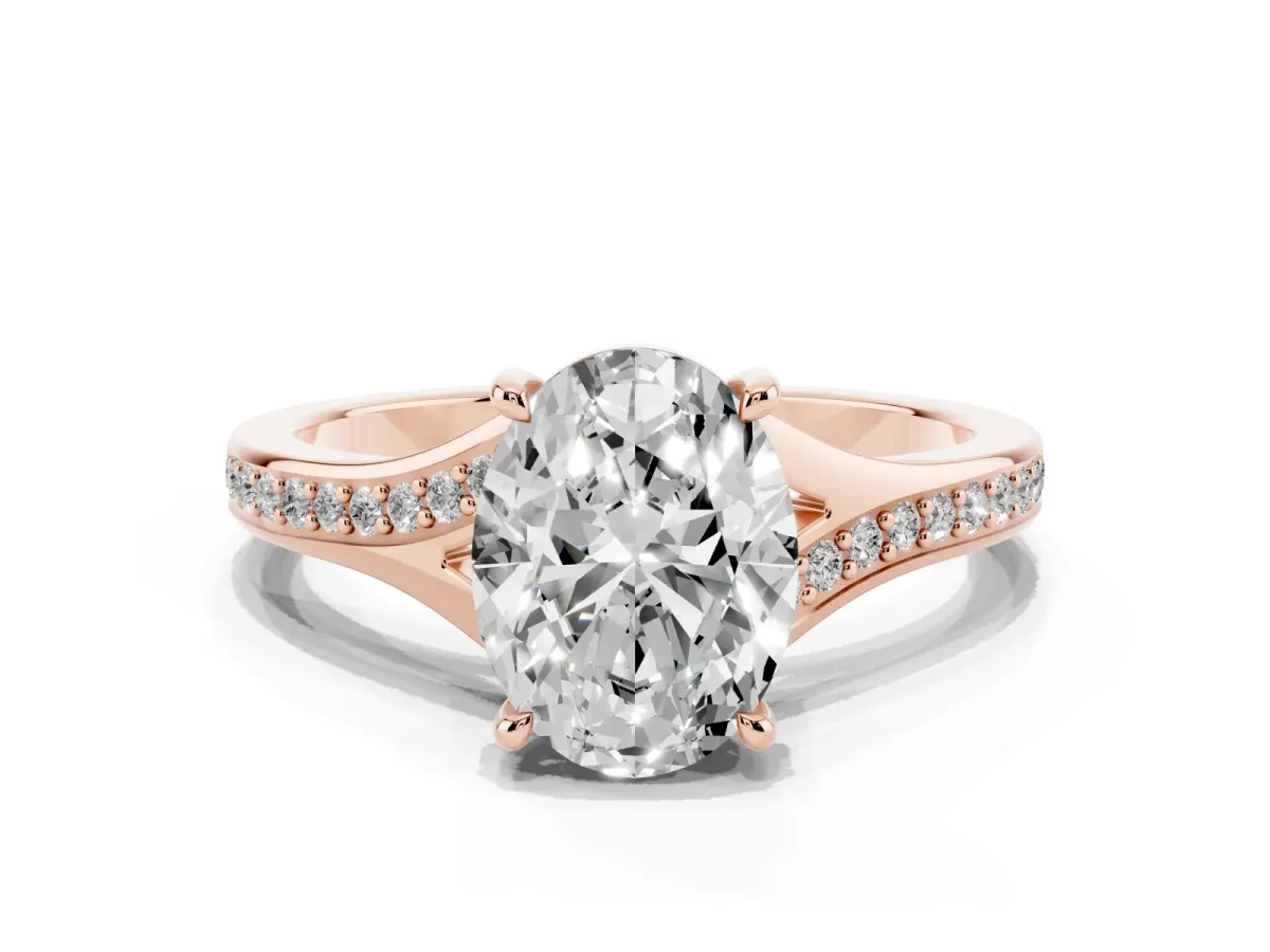 Oval Cut Diamond Solitaire Ring with Pavé Band and Prong Setting Rose gold