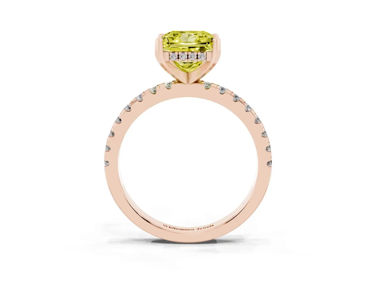 Fancy Yellow Princess Cut Diamond Solitaire Ring with Round Pavé Band and Four-Prong Setting Rose gold