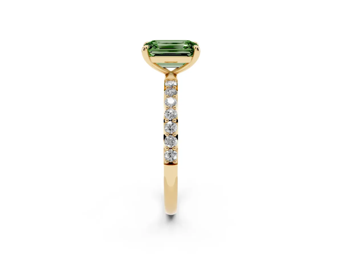 Fancy Green Emerald Cut Diamond Solitaire Ring with Round Pavé Band and Prong Setting Yellow gold