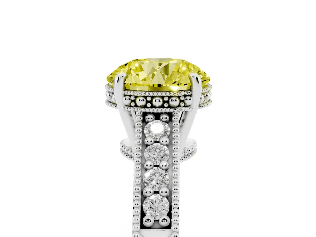 Fancy Yellow Round Cut Solitaire Pavé Diamond Milgrain Engagement Ring with Four-Prong Setting Silver