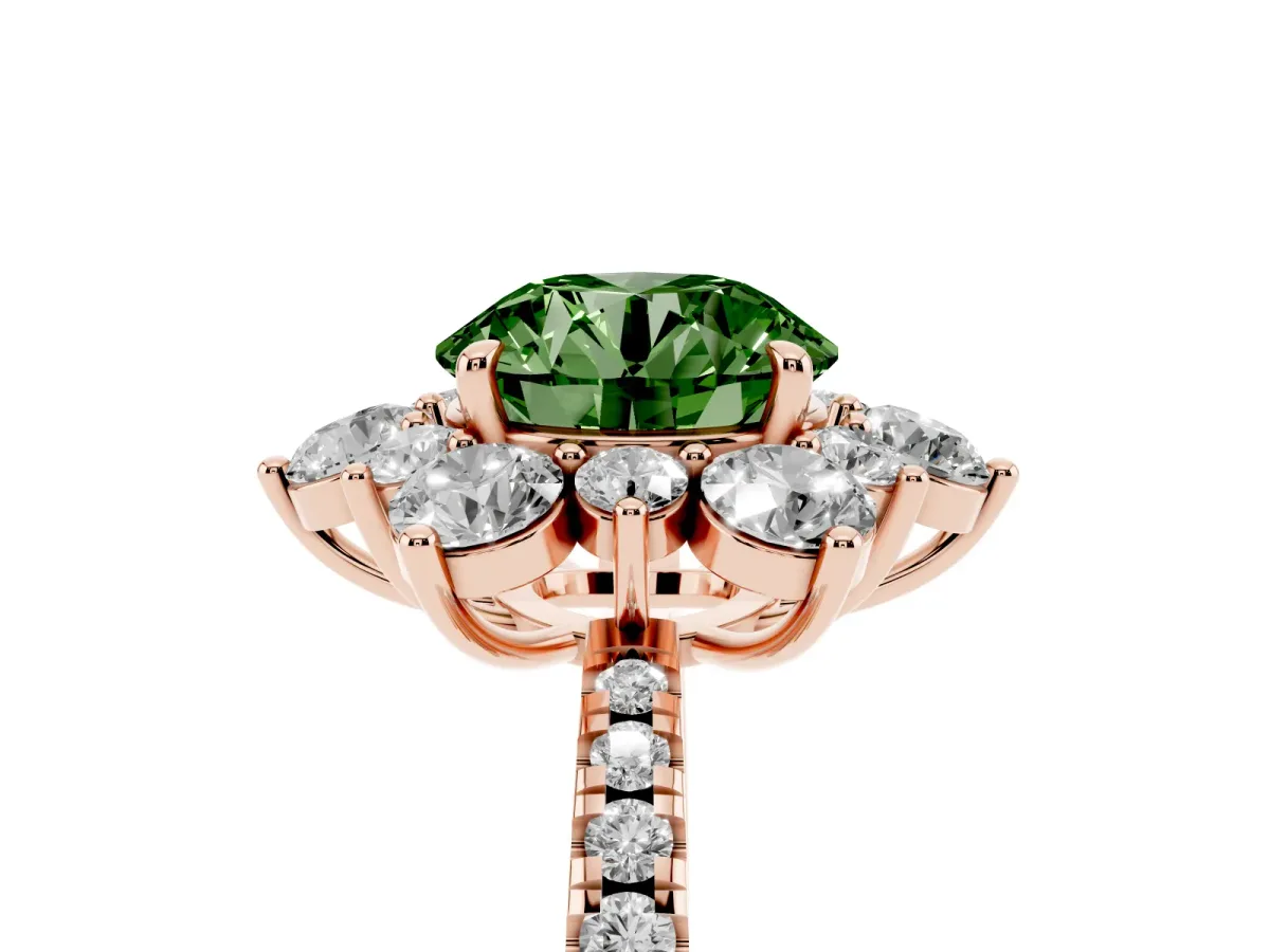 Fancy Green Round Cut Diamond Floral Halo Ring with Round Pavé Band and Prong Setting Rose gold