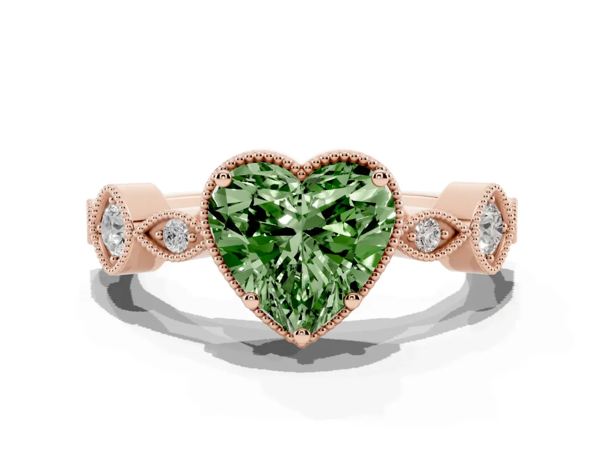 Fancy Green Heart Cut Diamond Vintage Milgrain Ring with Round Stations Rose gold