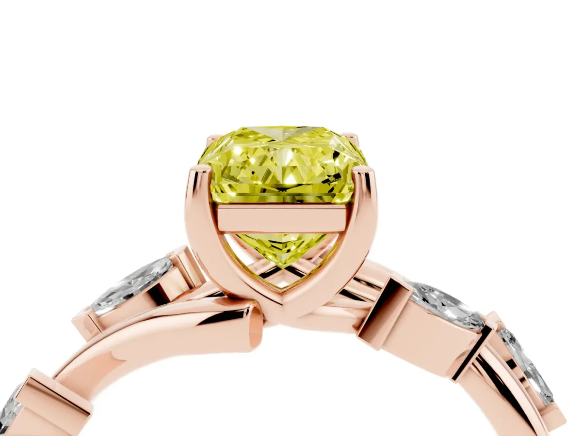 Fancy Yellow Radiant Cut Solitaire Twisted Band Marquise Accent Prong Setting Ring Rose gold