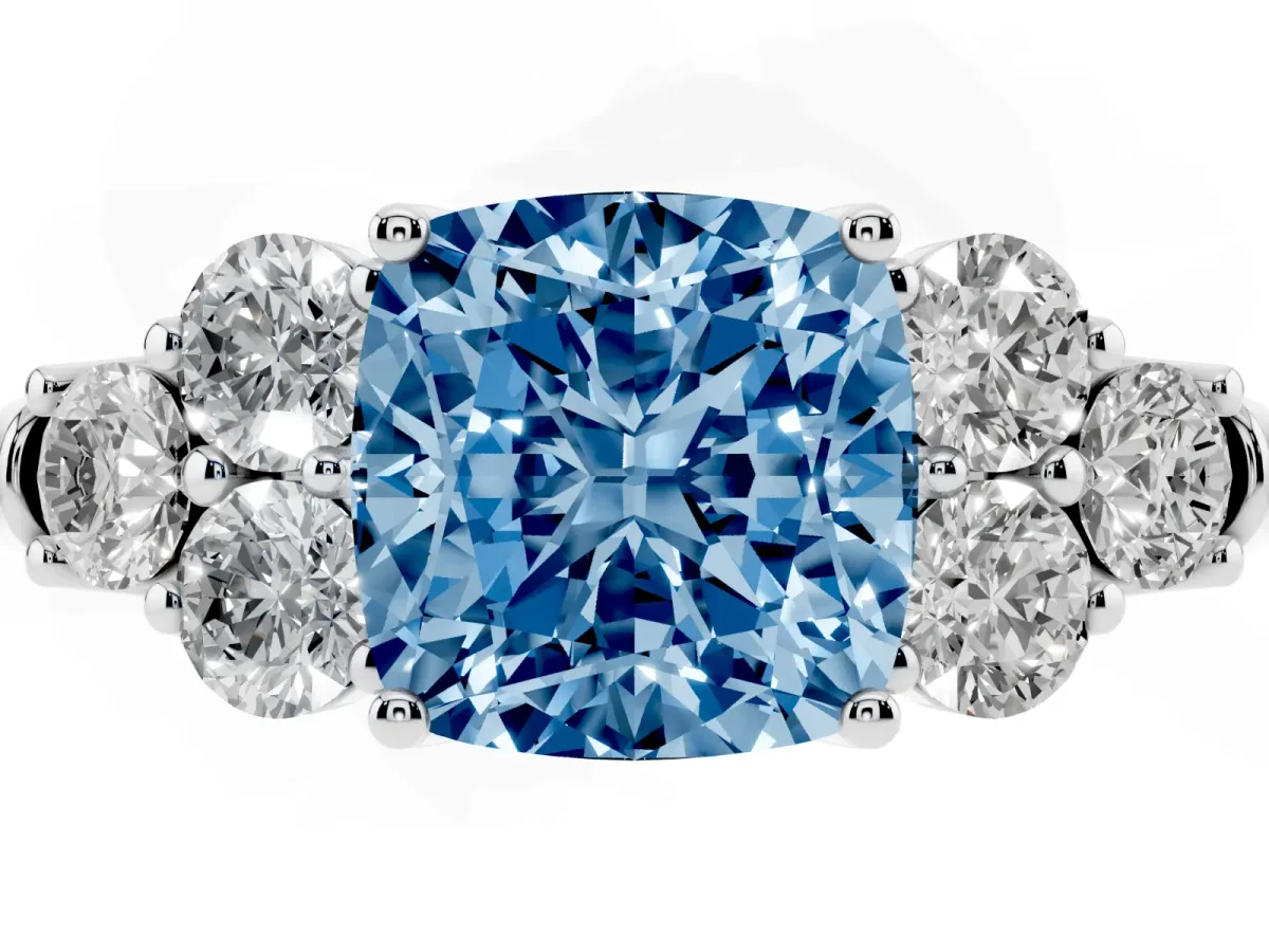 Fancy Blue Cushion Cut Cut Diamond Cluster Ring with Round Accent Stones and Prong Setting on a Classic Band White gold
