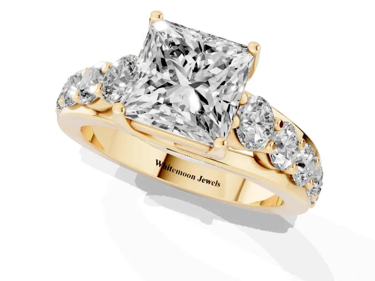 Princess Cut Diamond Engagement Ring with Pavé Band and Four-Prong Setting Yellow gold