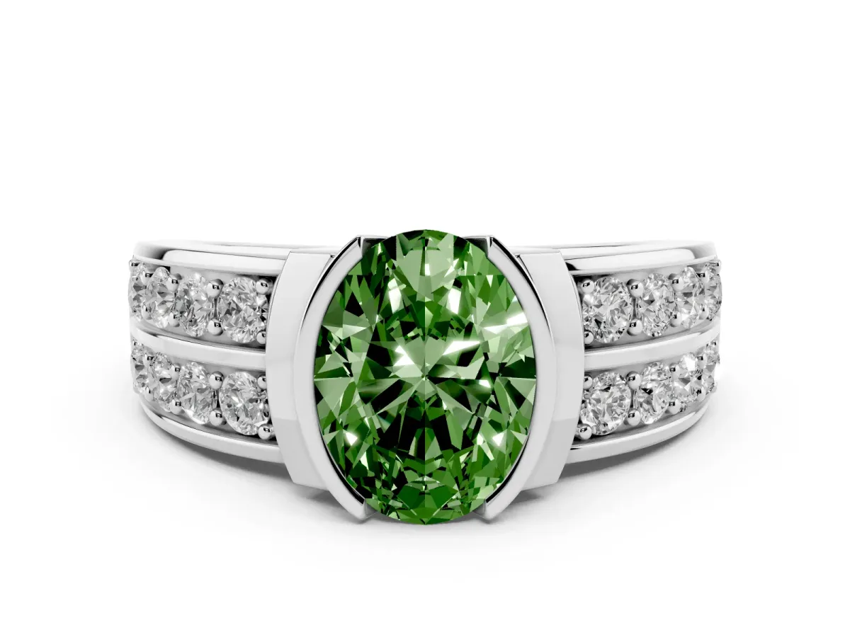 Fancy Green Oval Cut Brilliant Diamond Channel Set Wide Band Ring with Bezel Setting Platinum