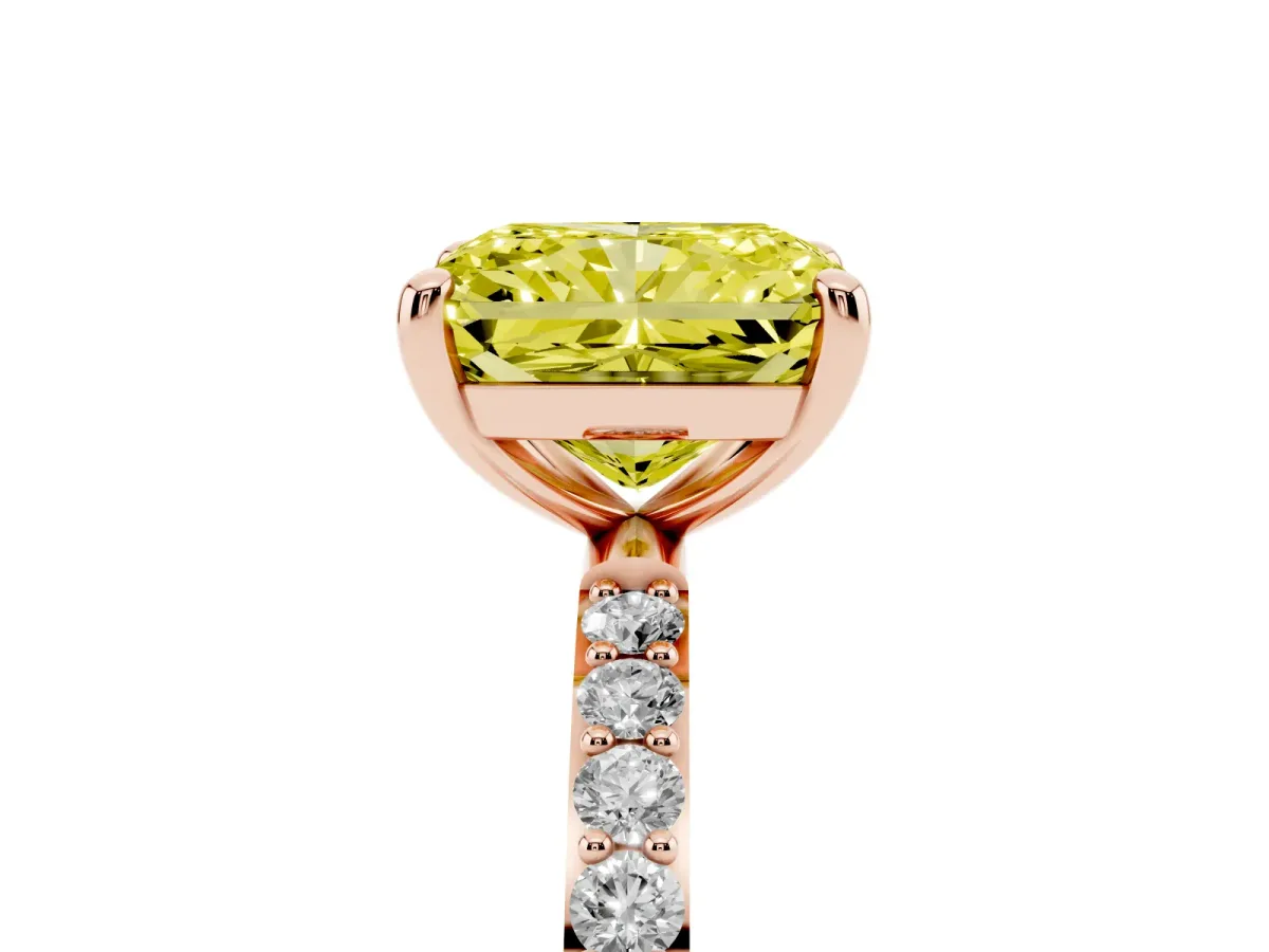 Fancy Yellow Radiant Cut Diamond Solitaire Ring with Round Pavé Band and Prong Setting Rose gold