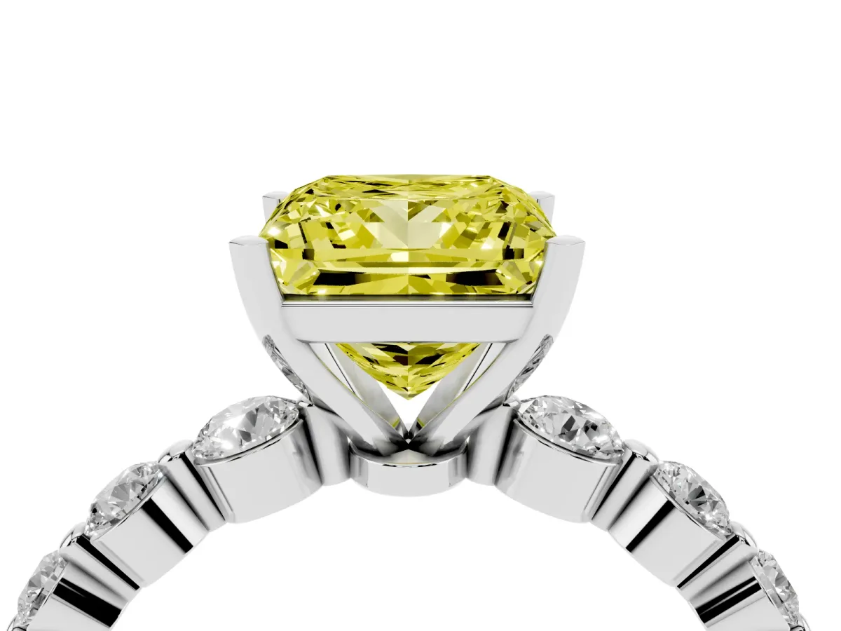 Fancy Yellow Princess Cut Solitaire Diamond Ring with Pave Band and Four-Prong Setting Silver
