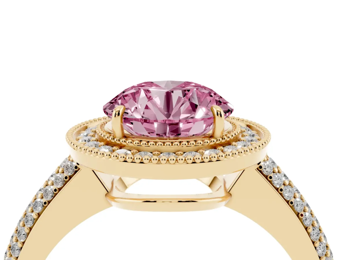 Fancy Pink Round Cut Cut Halo Diamond Pave Band with Four-Prong Setting Yellow gold