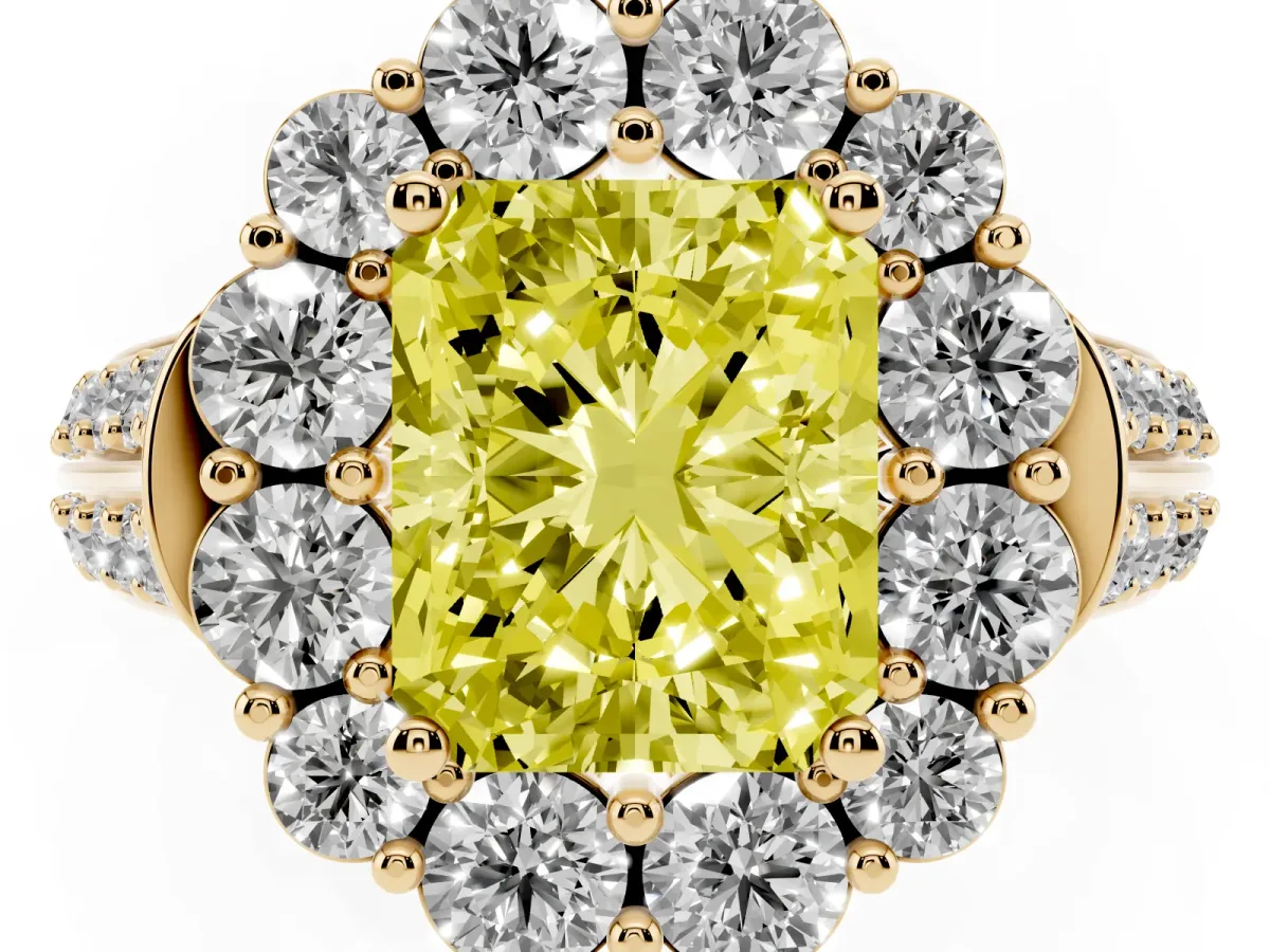 Fancy Yellow Radiant Cut Halo Diamond Engagement Ring with Split Shank and Prong Setting Yellow gold