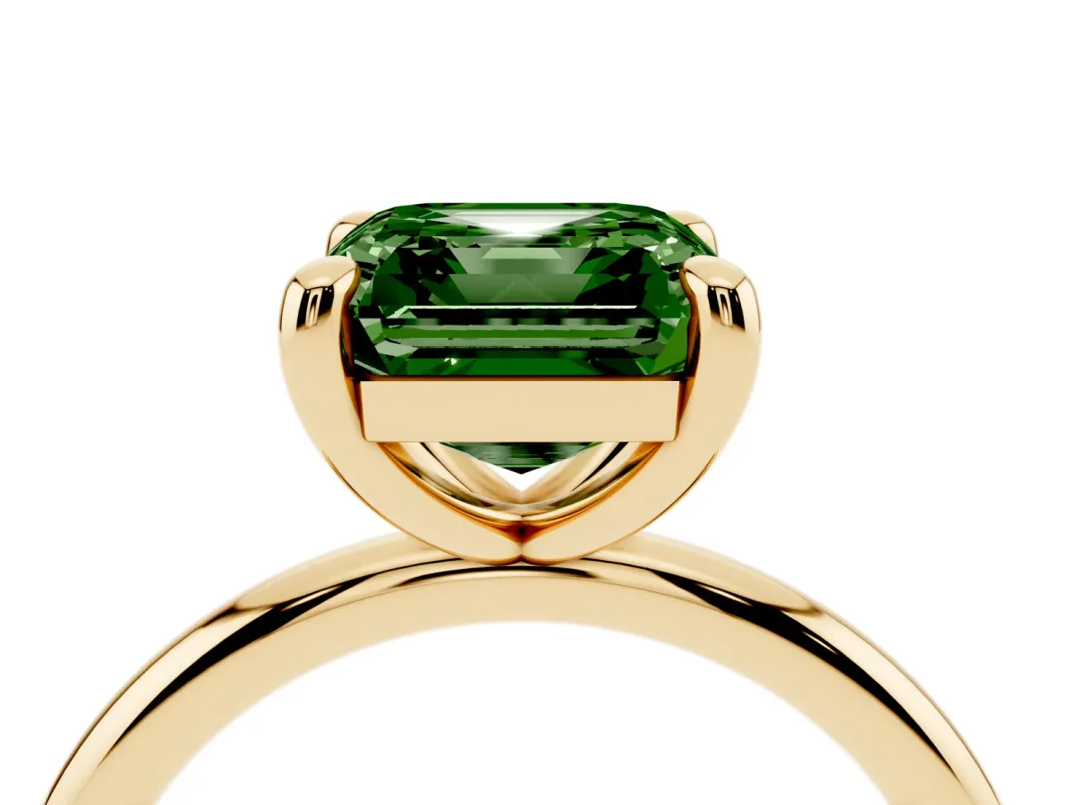 Fancy Green Asscher Cut Solitaire Diamond Ring with Four-Prong Setting on a Plain Band Yellow gold