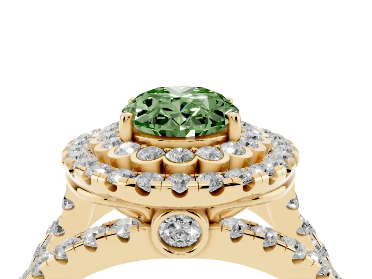 Fancy Green Oval Cut Diamond Double Halo Ring with Round Pavé Split Shank and Prong Setting Yellow gold
