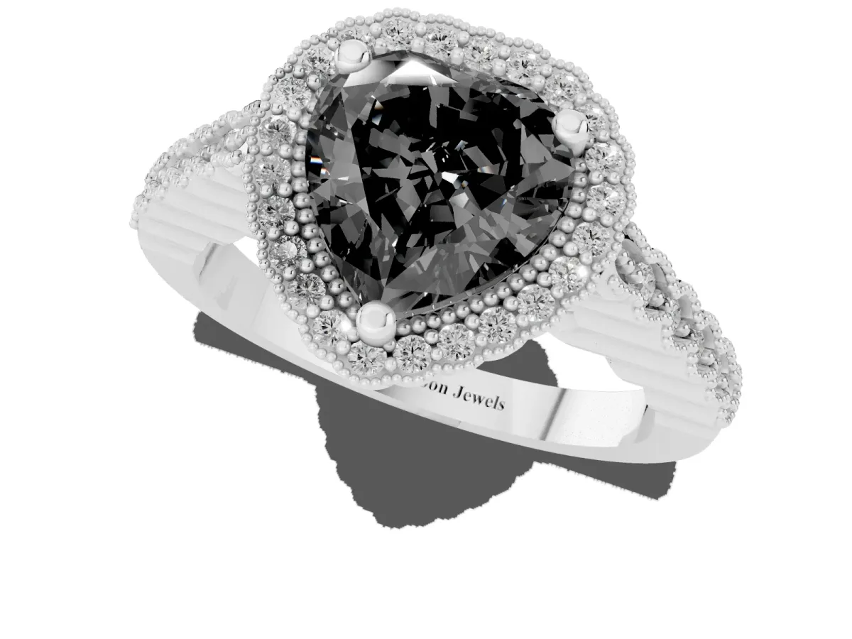 Fancy Black Heart Cut Cut Halo Pavé Solitaire Ring with Milgrain Band Platinum