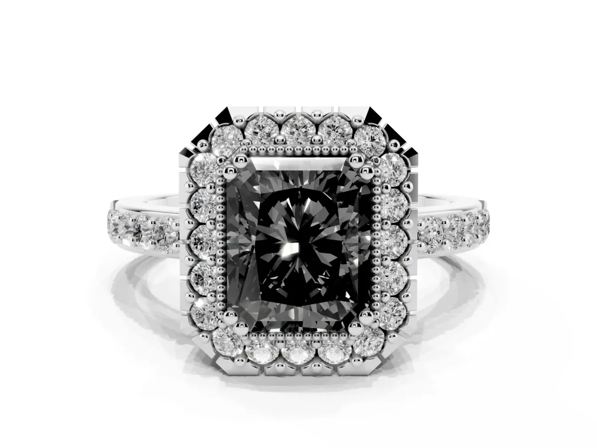 Fancy Black Radiant Cut Diamond Halo Ring with Pavé Band and Prong Setting Platinum